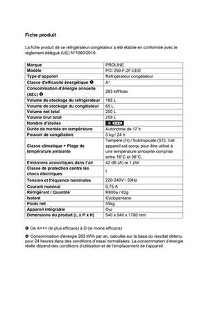 Refrigerateur congelateur en bas PROLINE COMBINE ENCASTRABLE - PCI 259-F-2F-LED 178 178CM