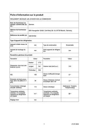 Réfrigérateur 1 porte Siemens KI81RVFE0 - ENCASTRABLE 177CM