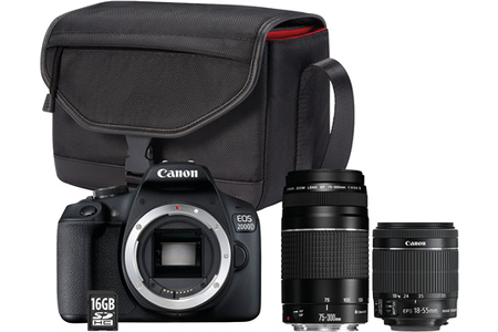 Appareil photo Reflex CANON EOS 2000D+EF-S 18-55 IS II+EF 75-300 F/4-5,6 III + SAC + CARTE MÉMOIRE SD 16 GO