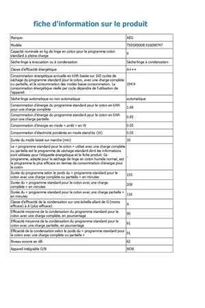 Sèche-linge AEG T9DSR900B