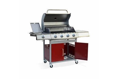 Barbecue ALICE'S GARDEN BARBECUE GAZ INOX 17KW - RICHELIEU ROUGE - BARBECUE 5 BRÛLEURS DONT 1 FEU LATÉRAL. CÔTÉ GRILL ET CÔTÉ PLANCHA